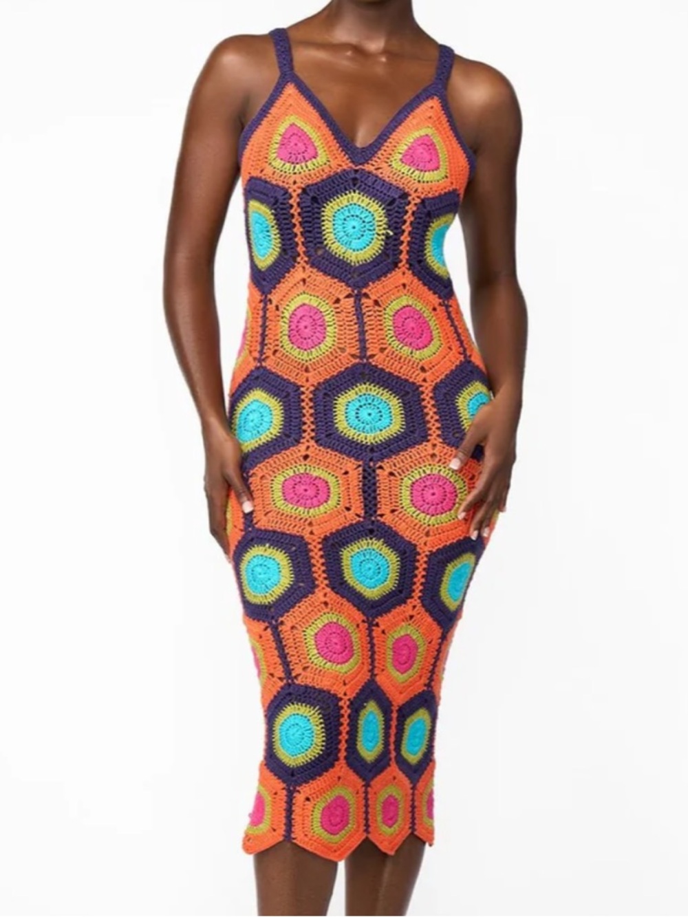 Multicolor Crochet Hexagon Midi Dress with V-Neck